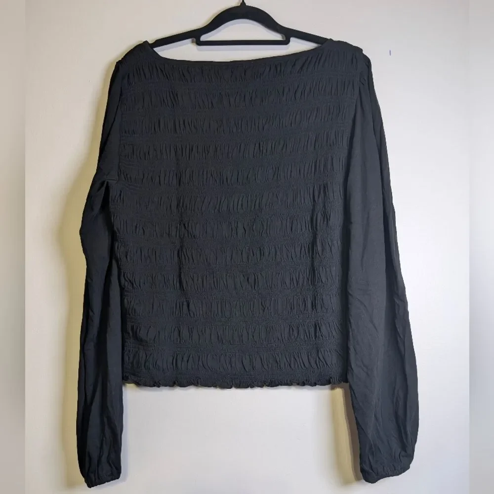 Madewell Smocked Boatneck Puff Sleeve Top Jet Black Slim XL Minimalist Feminine
